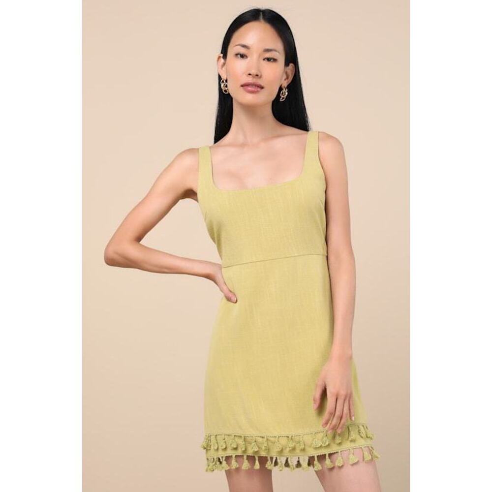 {Lulus} Feel The Sunshine Chartreuse Linen Tassel Mini Dress Green - NWT